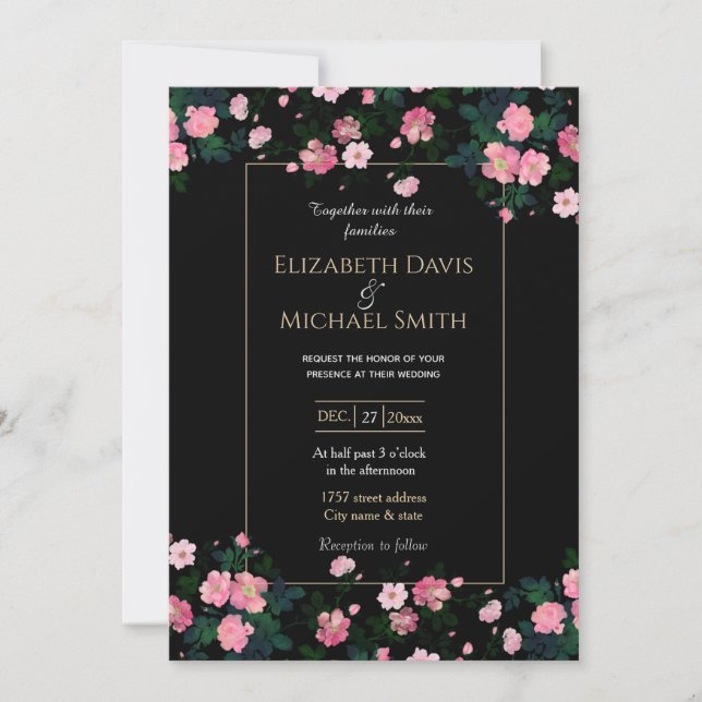 Romantic Black Pink Roses Floral Painting Invitation (Front)