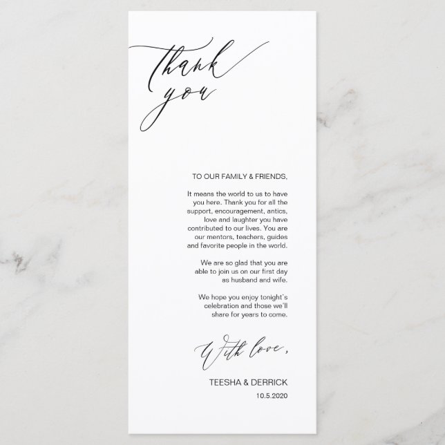 Romantic Black Script Place Setting Thank You Card (Front)