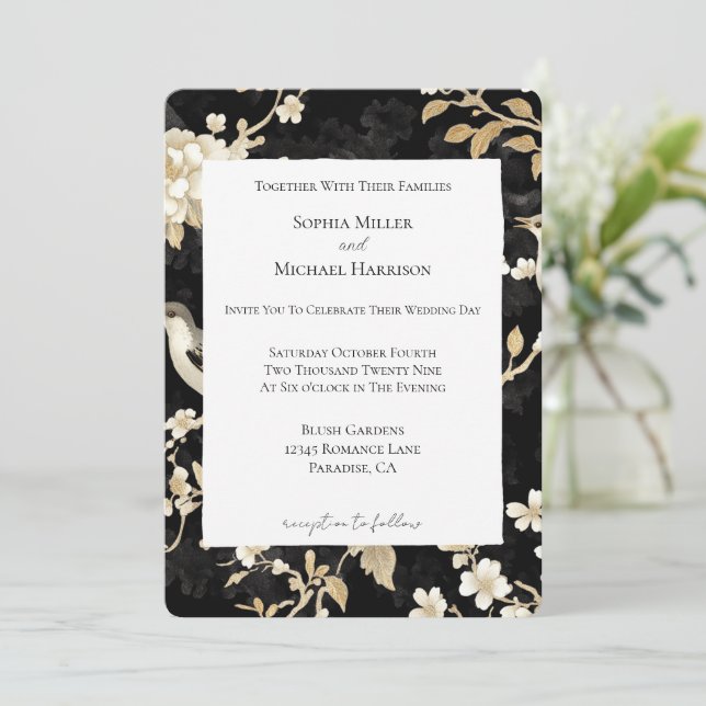 Romantic Black White Floral Birds Wedding Invitation (Standing Front)