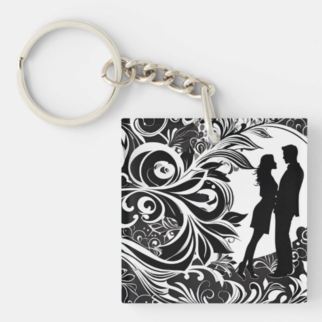 Romantic Black & White Floral Silhouette Couple Key Ring (Front)