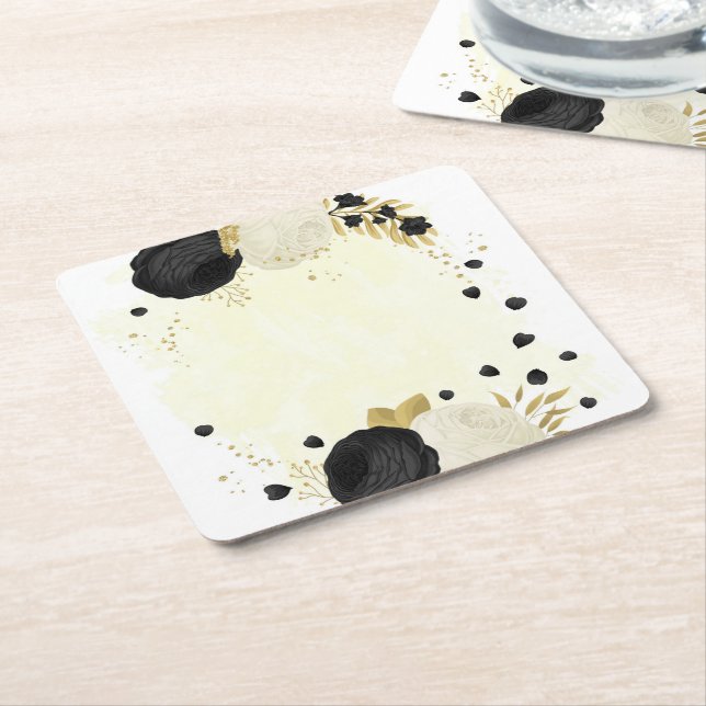 Romantic black & white flowers gold square paper coaster (Angled)