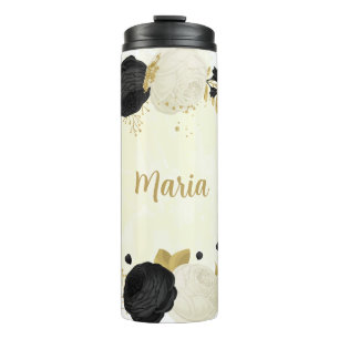 Romantic black &white flowers gold thermal tumbler