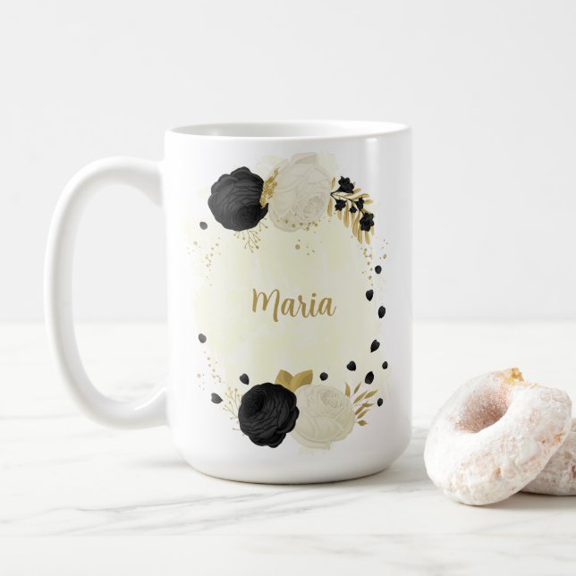 Romantic black &white flowers gold wedding coffee mug (With Donut)
