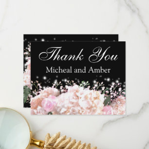 Romantic black & white lace hydrangeas pink roses  thank you card
