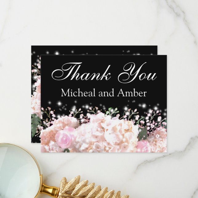 Romantic black & white lace hydrangeas pink roses  thank you card (Front/Back In Situ)