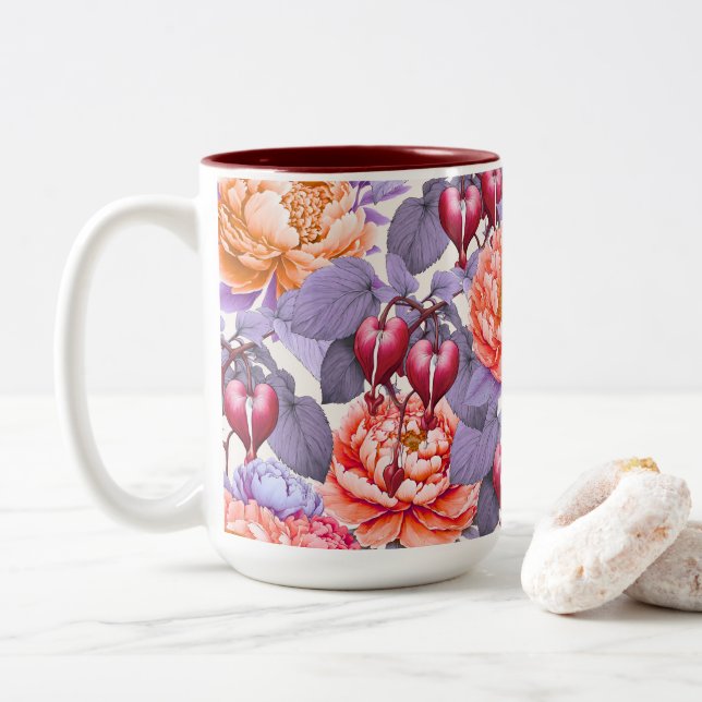 Romantic Bleeding Heart Floral & Peony Two-Tone Coffee Mug (With Donut)