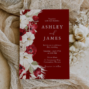 Romantic Bloom: White & Red Floral Modern Wedding Invitation