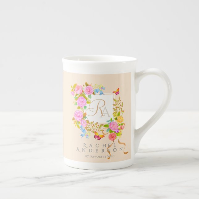 Romantic Blooming Garden Monogram Beige Bone China Mug (Right)
