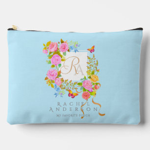 Romantic Blooming Garden Monogram Blue Accessory Pouch
