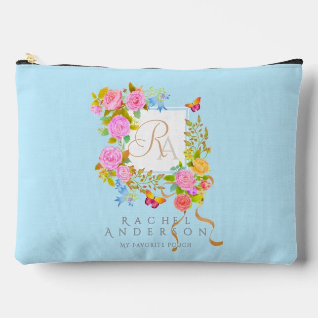 Romantic Blooming Garden Monogram Blue Accessory Pouch (Front)