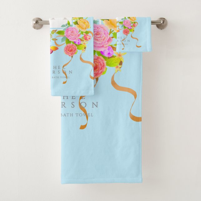 Romantic Blooming Garden Monogram Blue  Bath Towel Set (Insitu)