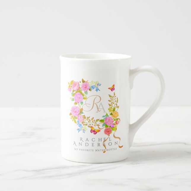 Romantic Blooming Garden Monogram  Bone China Mug (Right)