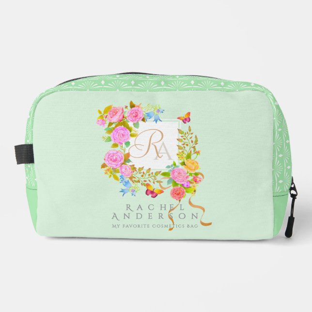 Romantic Blooming Garden Monogram Green Dopp Kit (Front)
