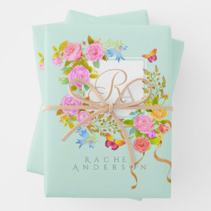 Romantic Blooming Garden Monogram Green Wrapping Paper Sheet