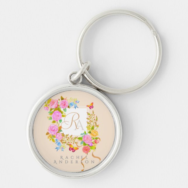 Romantic Blooming Garden Monogram  Key Ring (Front)