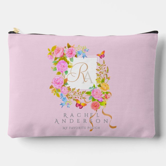 Romantic Blooming Garden Monogram Pink Accessory Pouch (Front)