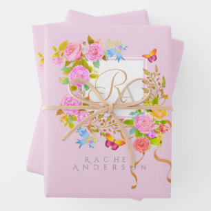 Romantic Blooming Garden Monogram Pink Wrapping Paper Sheet