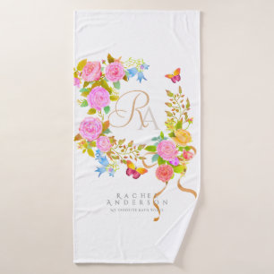 Romantic Blooming Garden Monogram White Bath Towel Set