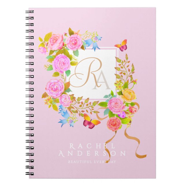 Romantic Blooming Garden Monogram Yellow Notebook (Front)
