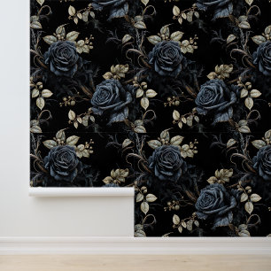 Romantic Blue and Black Floral Gothic Wallpaper
