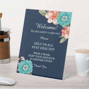 Romantic Blue And Pink Floral Botanical Safety Pedestal Sign
