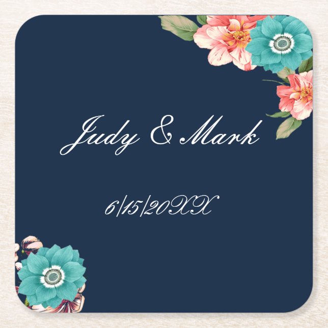 Romantic Blue And Pink Floral Botanical  Square Paper Coaster (Front)