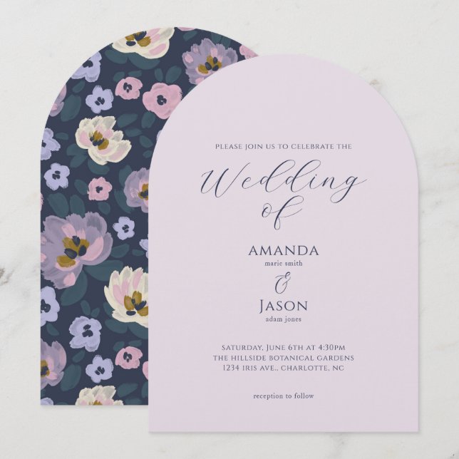 Romantic blue and purple floral garden wedding invitation (Front/Back)