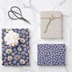Romantic blue and purple floral wedding shower wrapping paper sheet