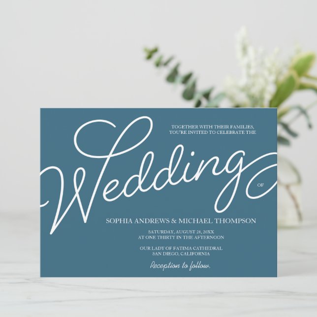 Romantic Blue and White Custom Wedding Invitation (Standing Front)