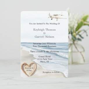 Romantic Blue Beach Ocean Aeroplane Heart Wedding Invitation