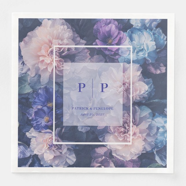 Romantic Blue & Blush Floral Wedding Napkin (Front)
