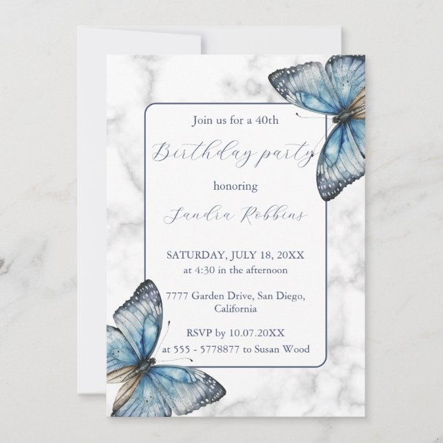 Romantic blue butterflies Birthday Invitation (Front)