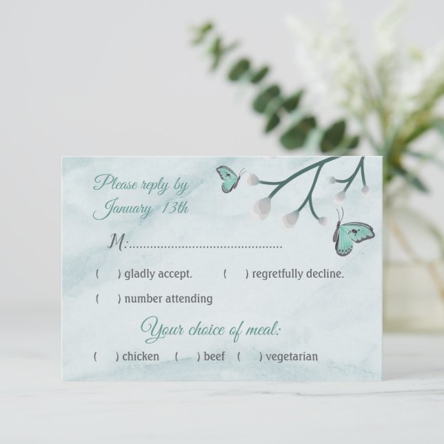 romantic blue butterflies response rsvp card (Standing Front)