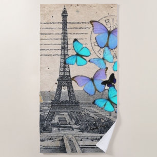 romantic blue butterfly french paris eiffel tower beach towel