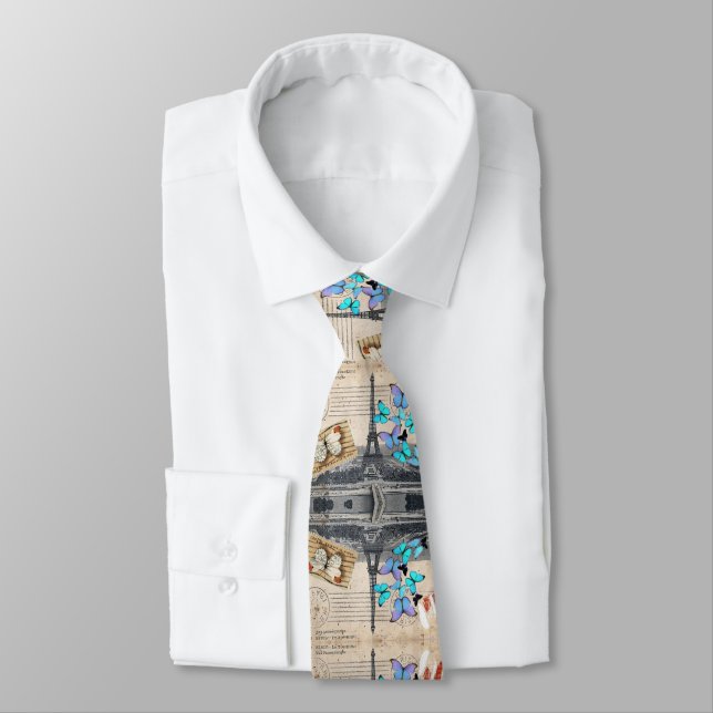 romantic blue butterfly french paris eiffel tower tie (Tied)