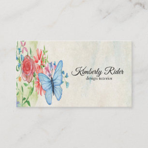 Romantic Blue Butterfly On Red Flower Business Card