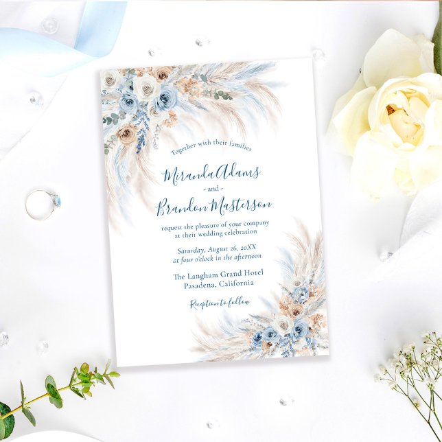 Romantic Blue Calligraphy Floral Boho Wedding Invitation (Creator Uploaded)