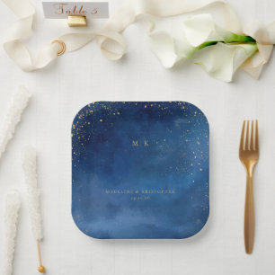 Romantic Blue Celestial Stars Paper Plate