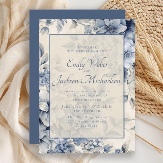 Romantic Blue Cream Vintage Floral Wedding Invitation (Elegant vintage blue and cream floral wedding invitation)