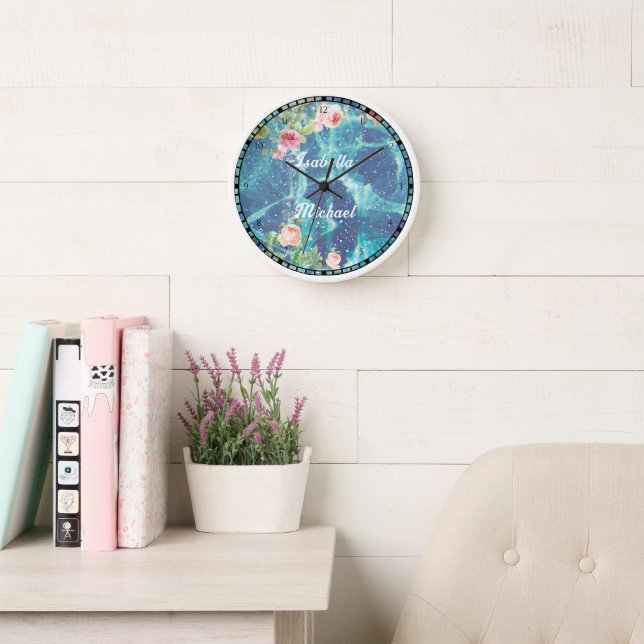 Romantic blue customized couple names Sticker Clock (Reading Room)