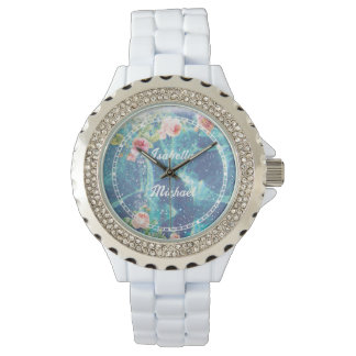 Romantic blue customized couple names Sticker Watch