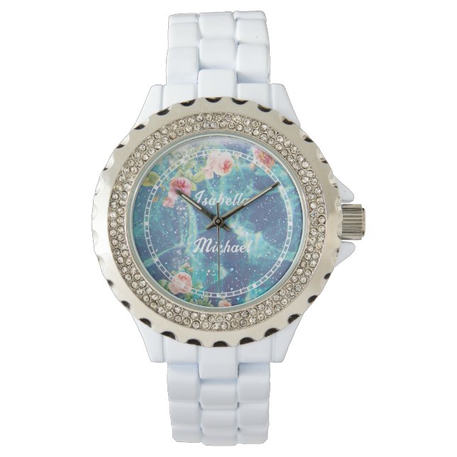 Romantic blue customized couple names Sticker Watch (Front)