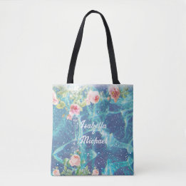 Romantic blue customized couple names  tote bag