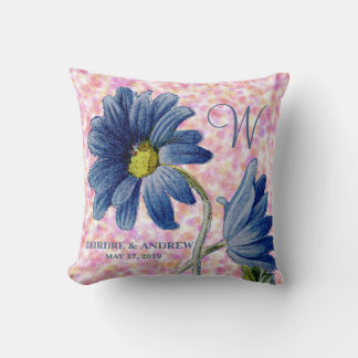 Romantic Blue Daisy Rose Monogram Initial Wedding Cushion