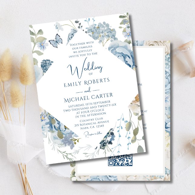 Romantic Blue Floral All In One QR Code Wedding Invitation (Creator Uploaded)