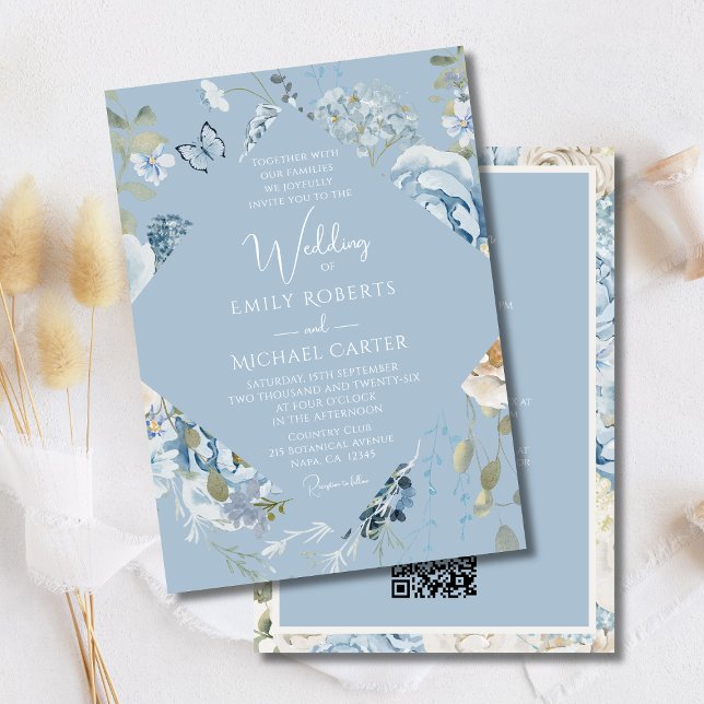 Romantic Blue Floral All In One QR Code Wedding Invitation (Creator Uploaded)