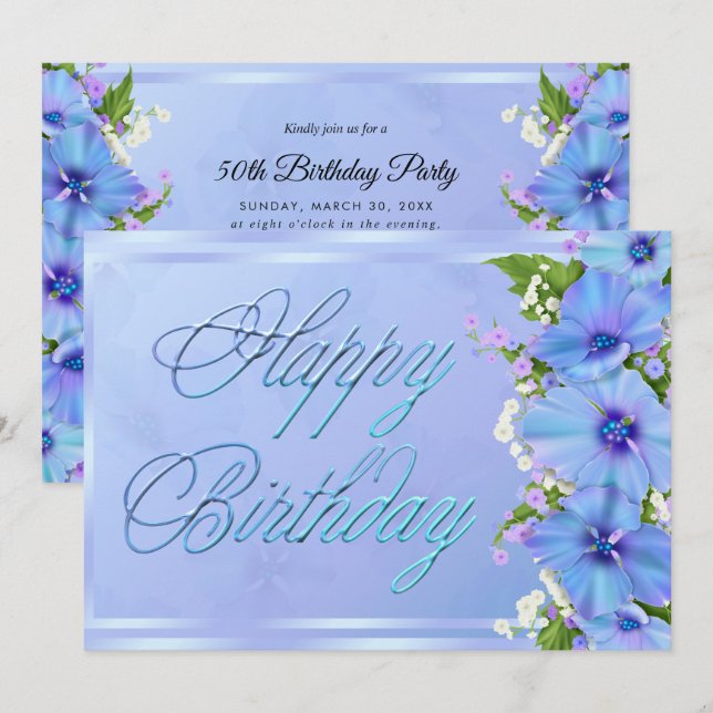 Romantic Blue Floral Birthday Party Invitation (Front/Back)