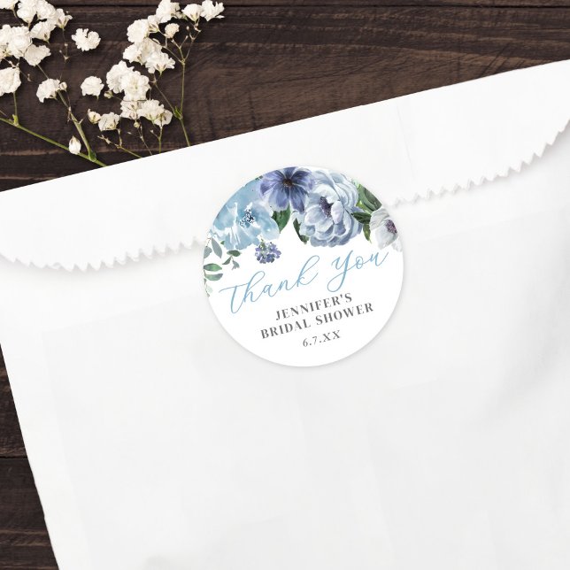 Romantic Blue Floral Bridal Shower Party Favour Classic Round Sticker (Creator Uploaded)