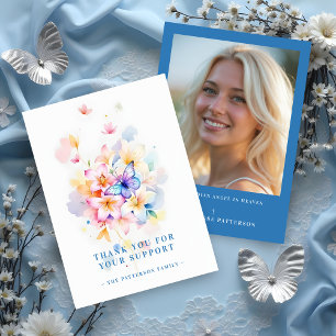 Romantic Blue Floral Butterfly Memorial Photo Card