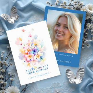 Romantic Blue Floral Butterfly Memorial Photo Card